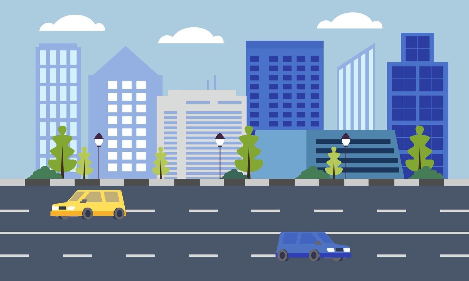 Cars Vehicle in City Road Traffic with Cityscape in Bright Day vector