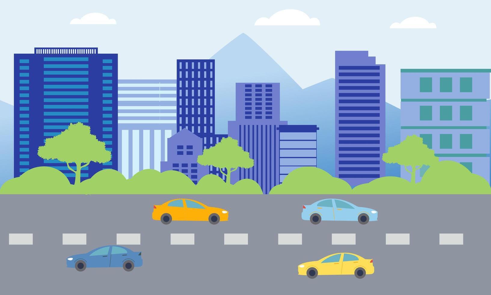 Cars Vehicle in City Road Traffic with Cityscape in Bright Day vector