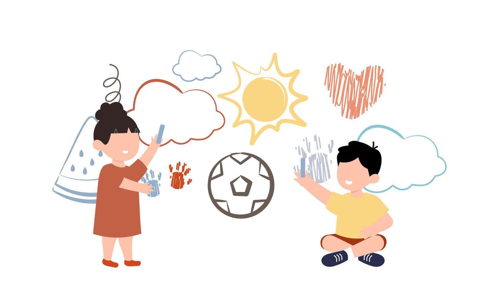 Children drawing on wall. Happy creative kids painting with colored crayon vector