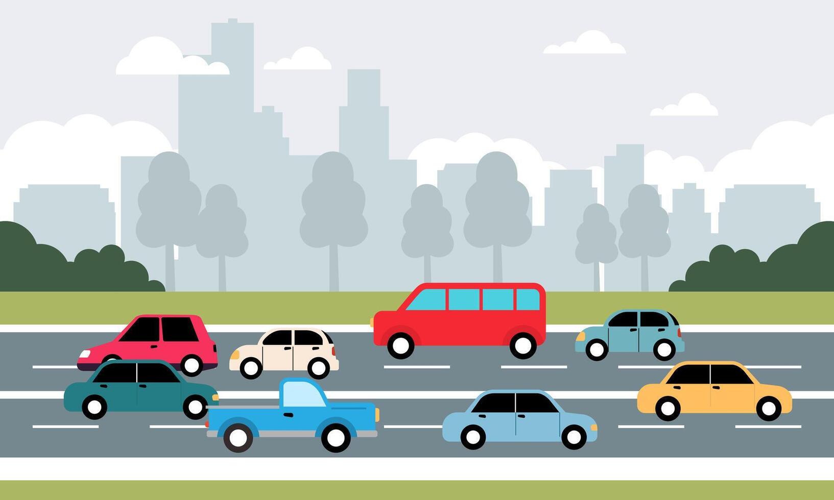 Cars Vehicle in City Road Traffic with Cityscape in Bright Day vector