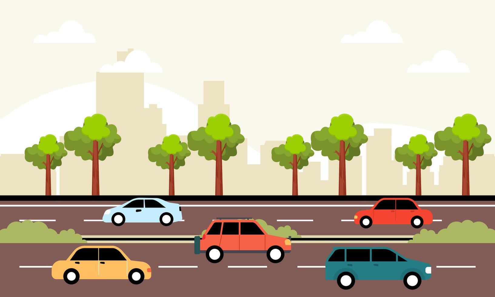 Cars Vehicle in City Road Traffic with Cityscape in Bright Day vector