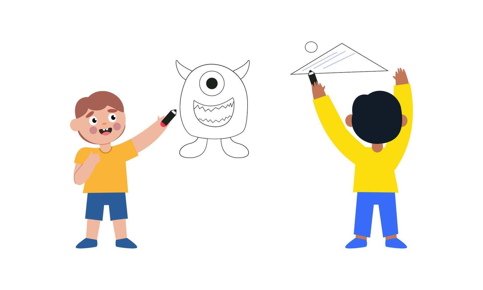 Children drawing on wall. Happy creative kids painting with colored crayon vector