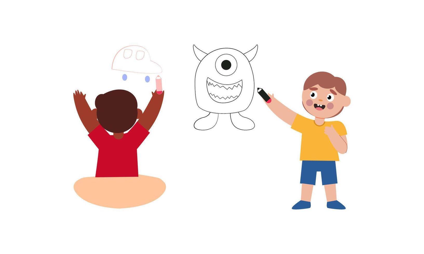 Children drawing on wall. Happy creative kids painting with colored crayon vector