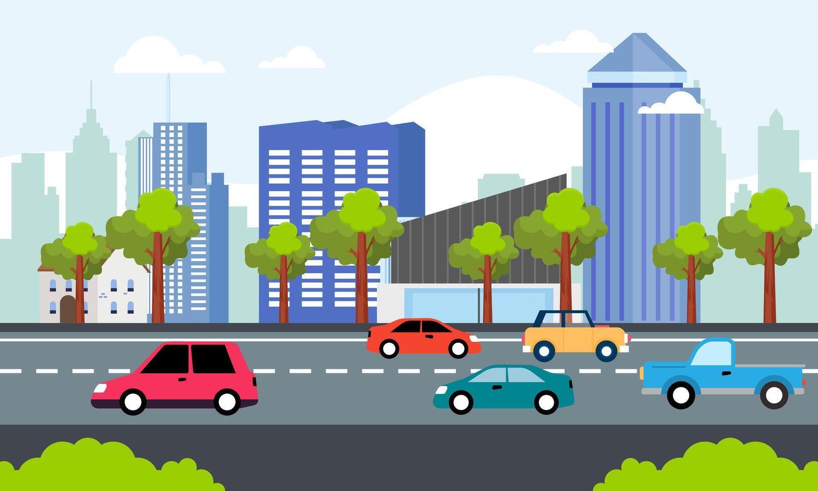 Cars Vehicle in City Road Traffic with Cityscape in Bright Day vector