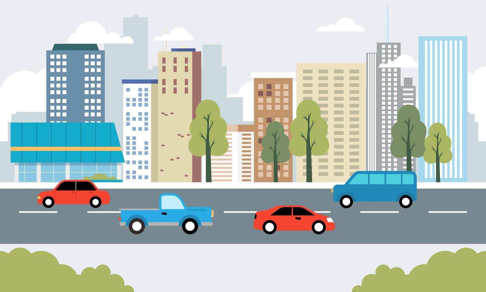 Cars Vehicle in City Road Traffic with Cityscape in Bright Day vector