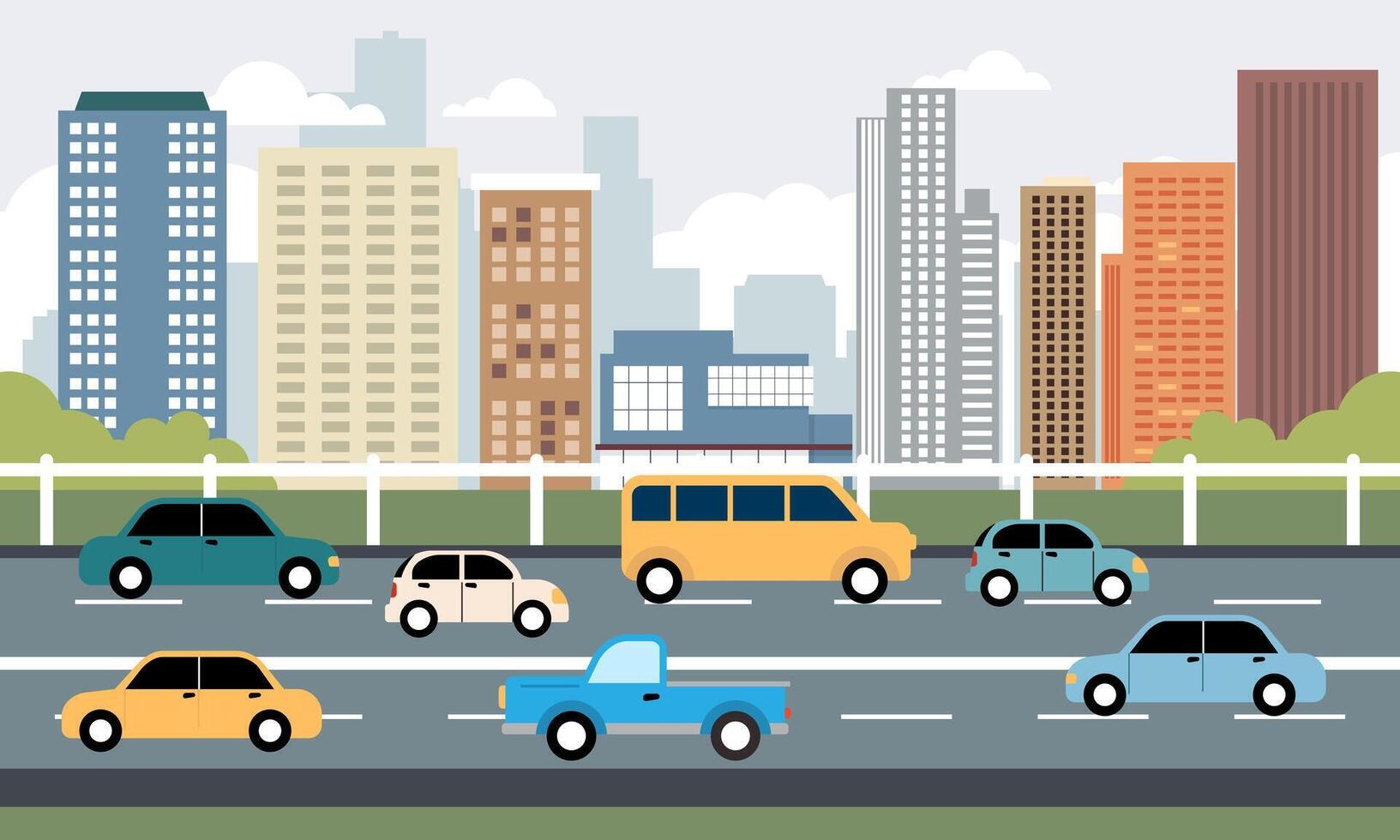 Cars Vehicle in City Road Traffic with Cityscape in Bright Day vector