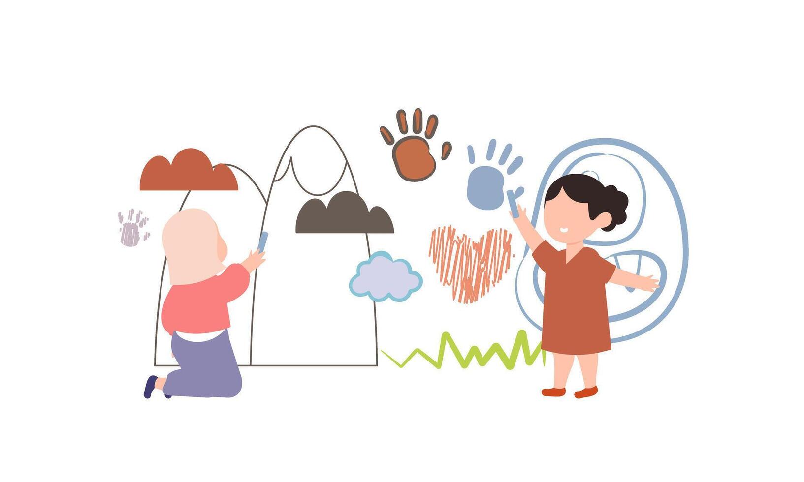 Children drawing on wall. Happy creative kids painting with colored crayon vector