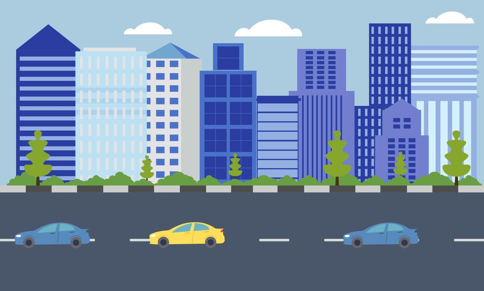 Cars Vehicle in City Road Traffic with Cityscape in Bright Day vector