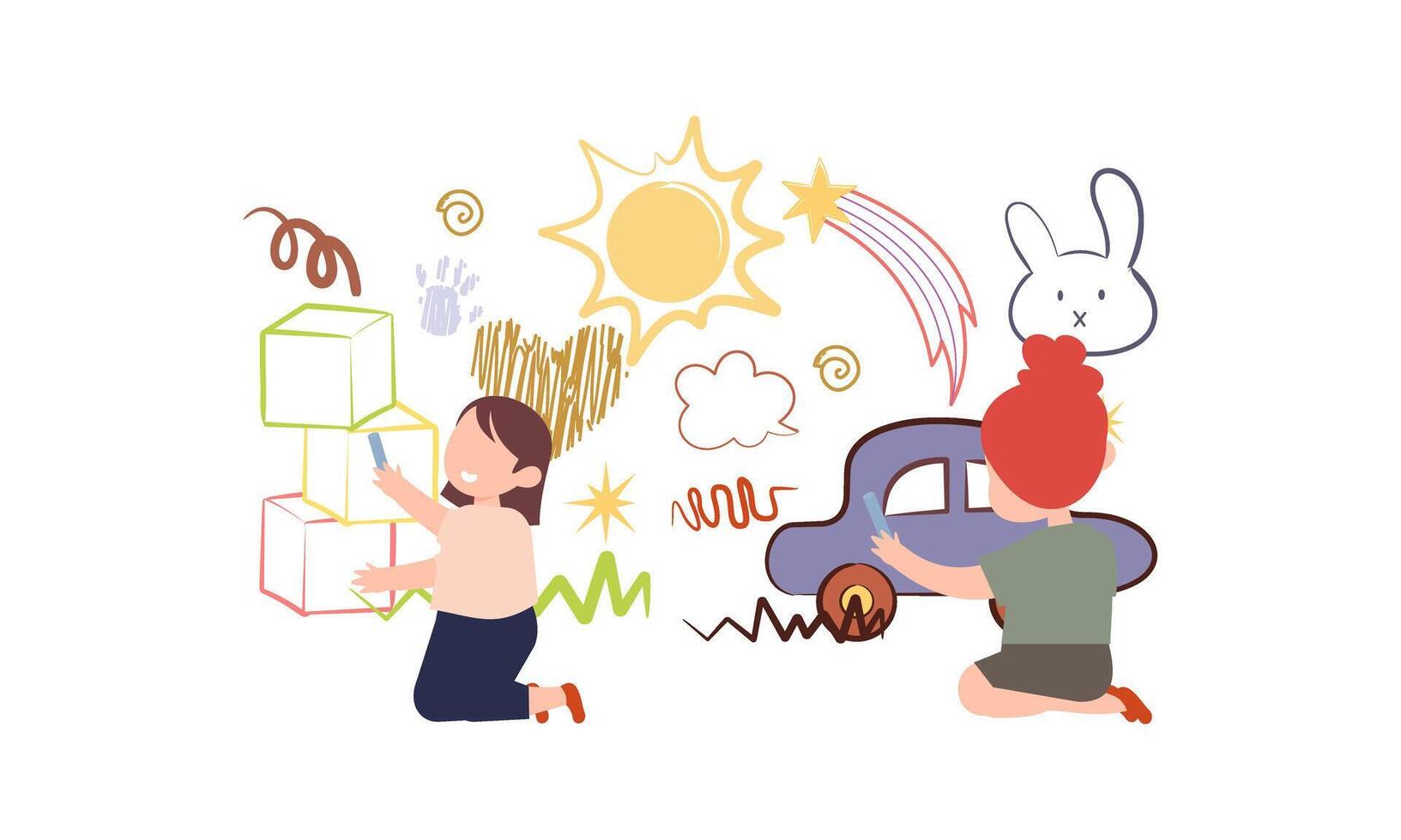 Children drawing on wall. Happy creative kids painting with colored crayon vector