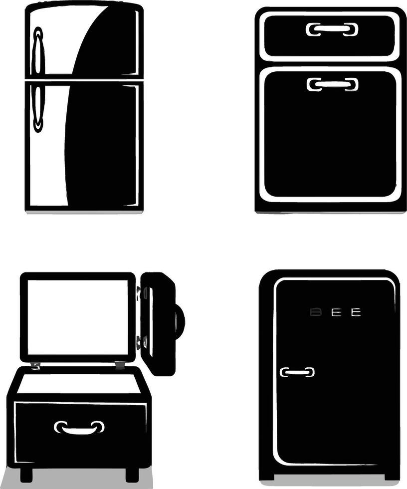 Set of 4 Simple Refrigerator Icons, Open and Close, Black on White Background vector