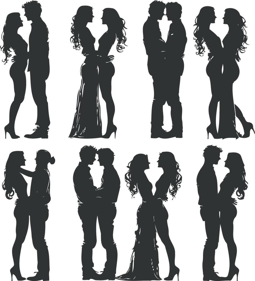 Silhouettes of couples in different relationship statuses, single, dating, engaged, married. vector