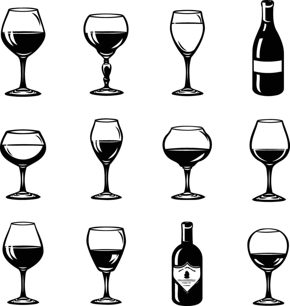 Wine Bottles and Glasses Silhouettes Set with Hand-Drawn Lettering Phrases on Stickers, Templates, and Mugs. vector