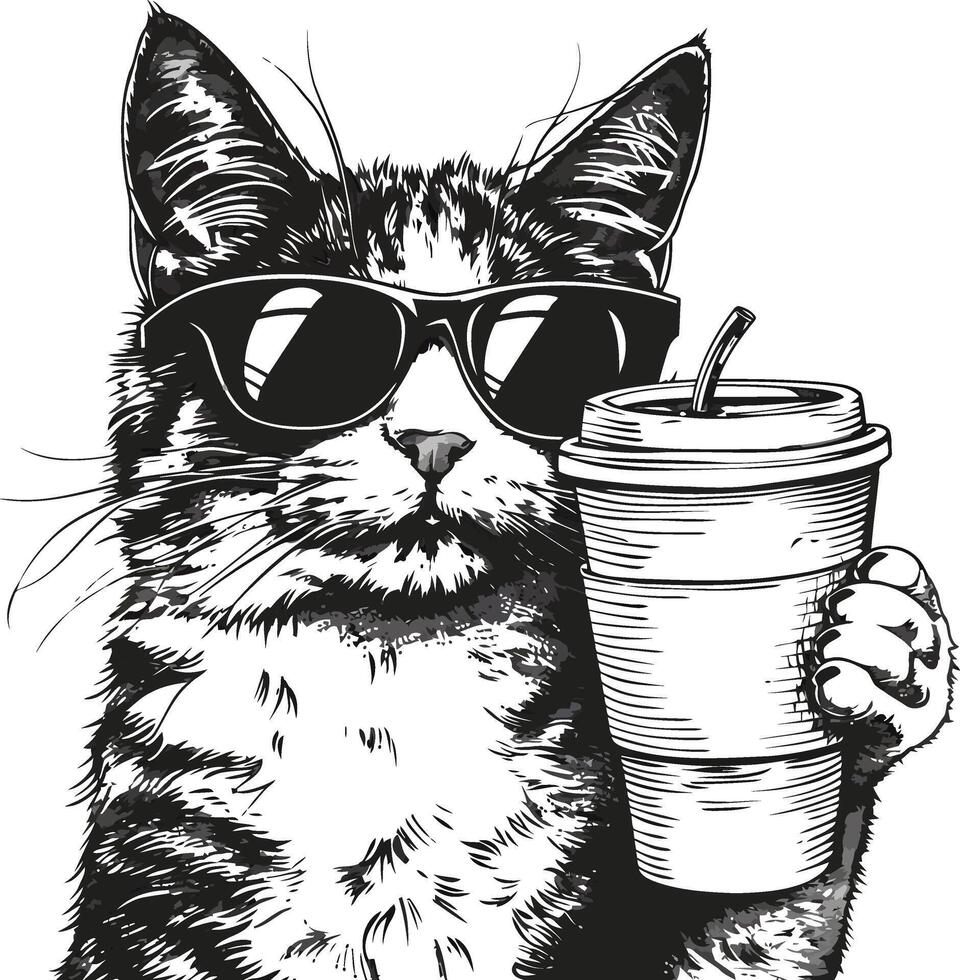 Cat in Sunglasses Holding a Cup of Coffee, Black and White Illustration vector