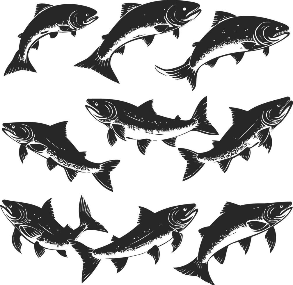 Swimming Tuna Engraved Pattern with Seamless Shape, Black and White Realistic Style vector