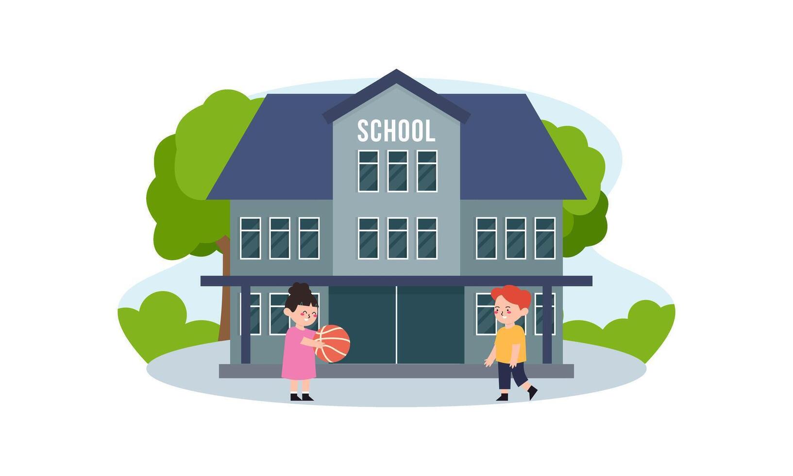 School building and children in the front yard of the school illustration vector