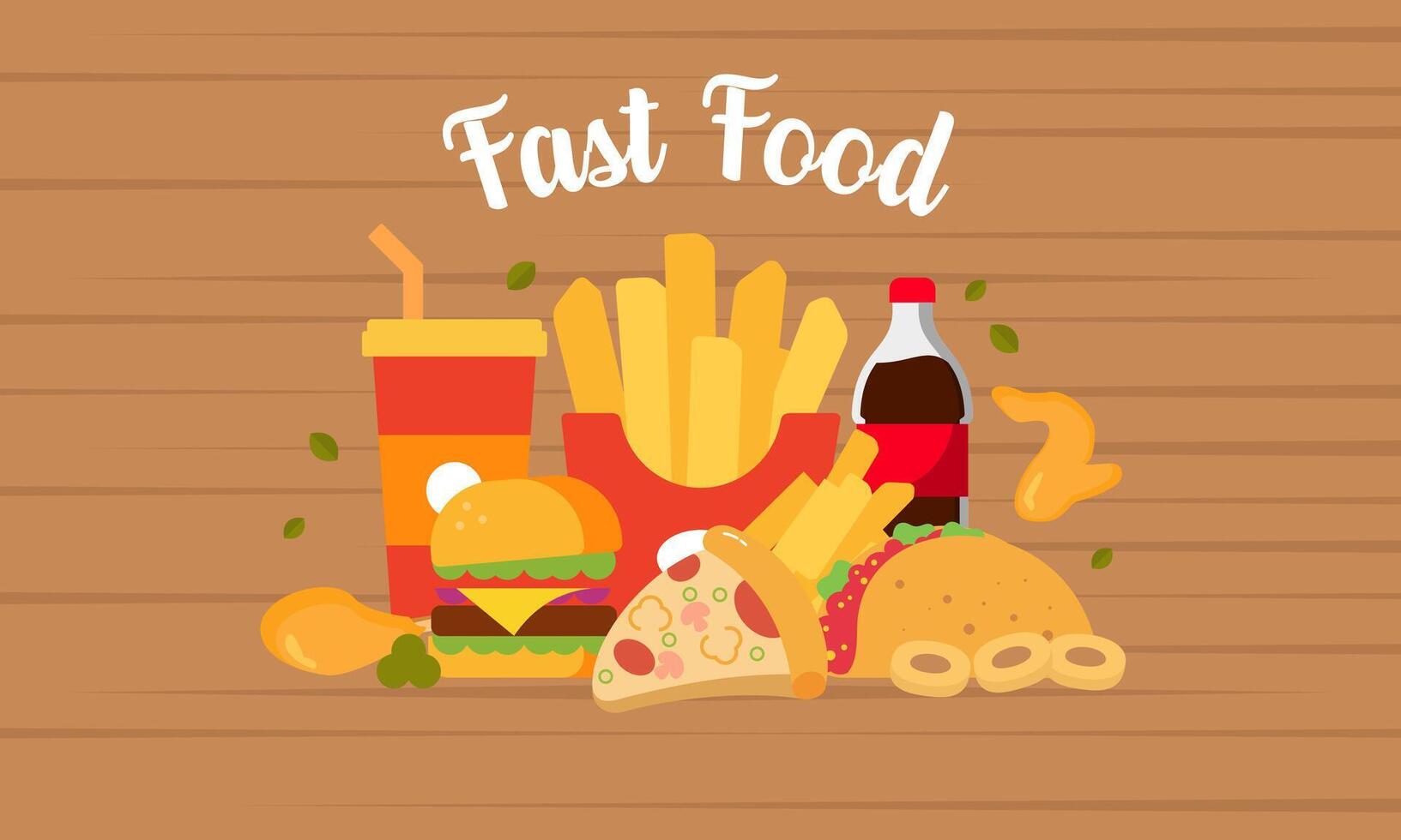 fast foods on wooden background vector