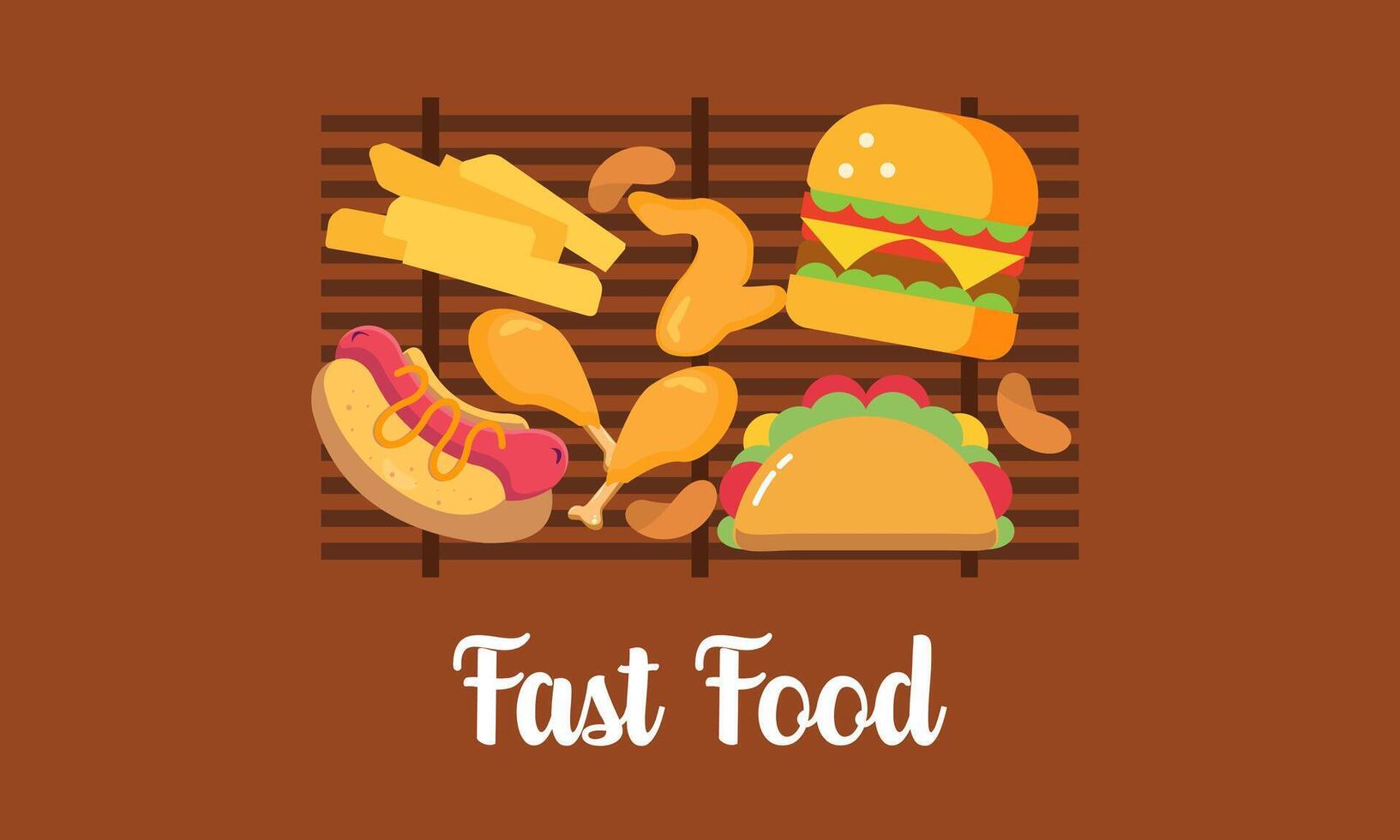 fast foods on wooden background vector