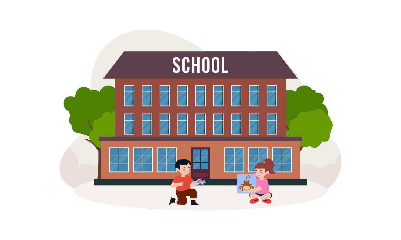 School building and children in the front yard of the school illustration vector