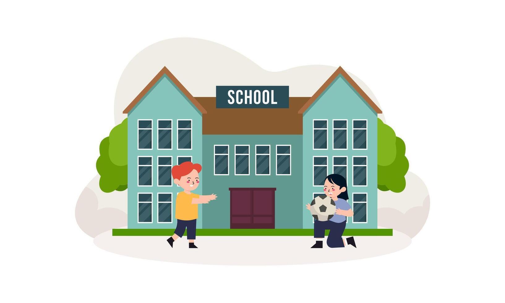 School building and children in the front yard of the school illustration vector