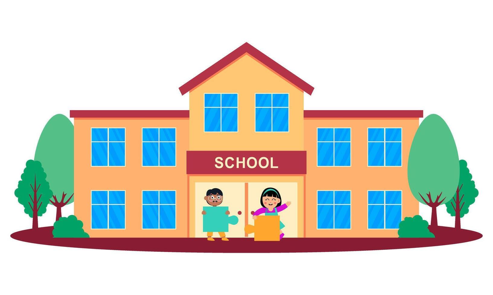 School building and children in the front yard of the school illustration vector