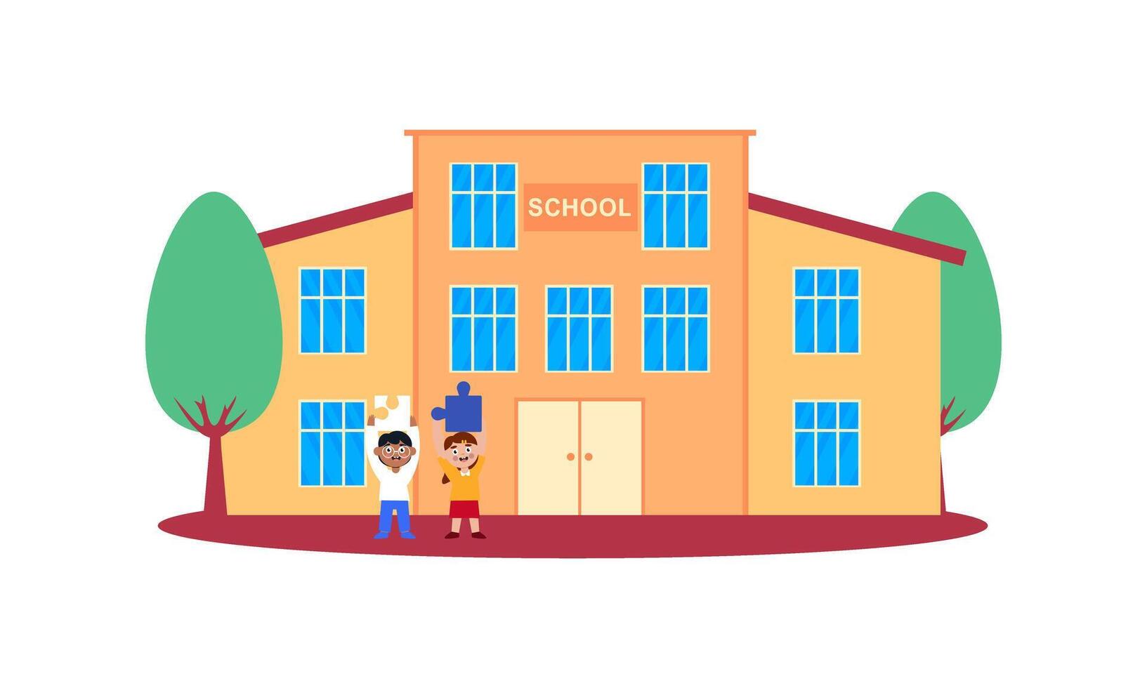 School building and children in the front yard of the school illustration vector