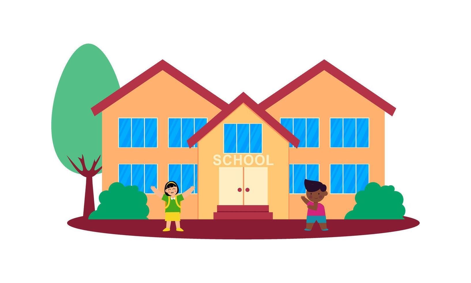 School building and children in the front yard of the school illustration vector