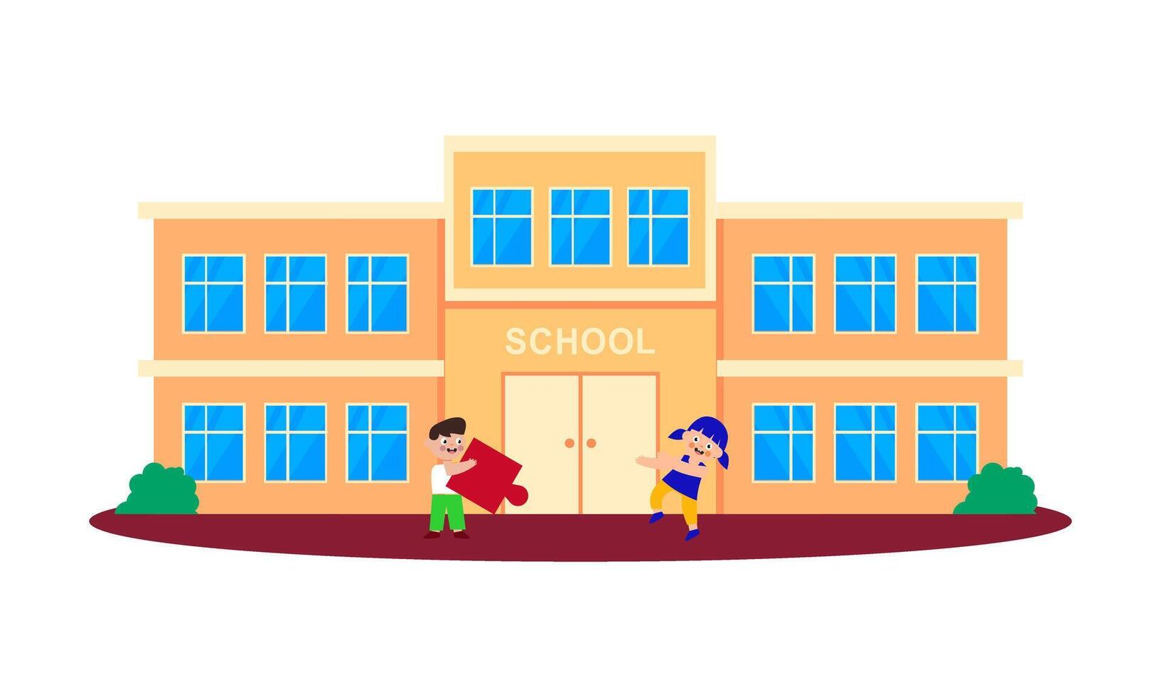 School building and children in the front yard of the school illustration vector