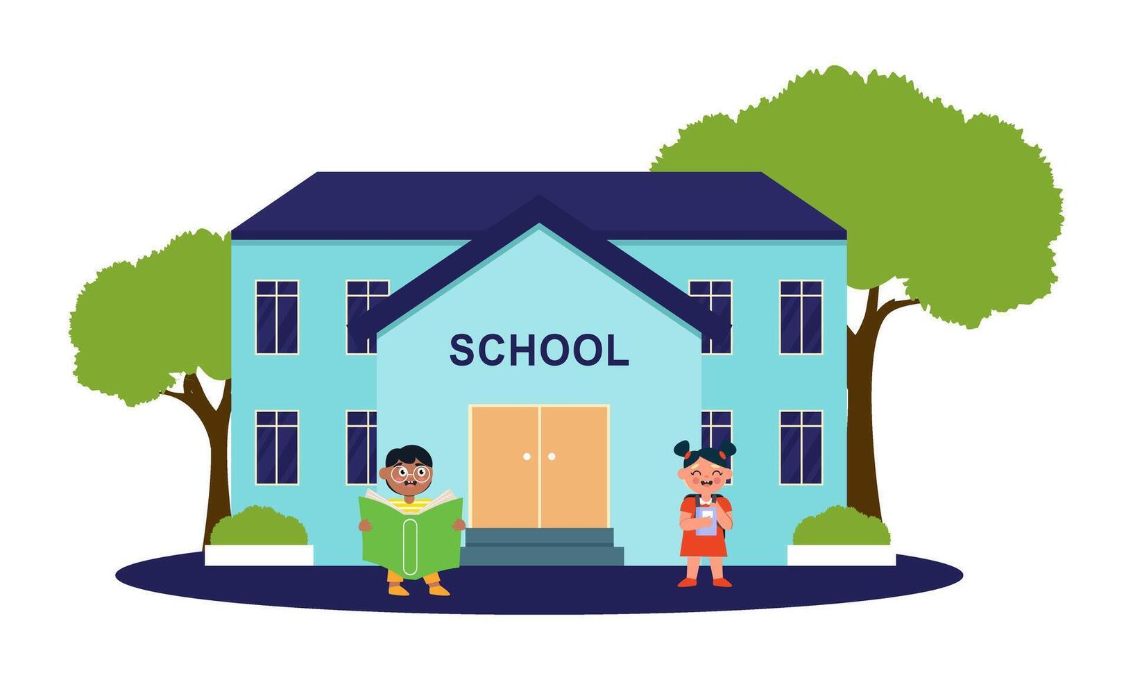 School building and children in the front yard of the school illustration vector