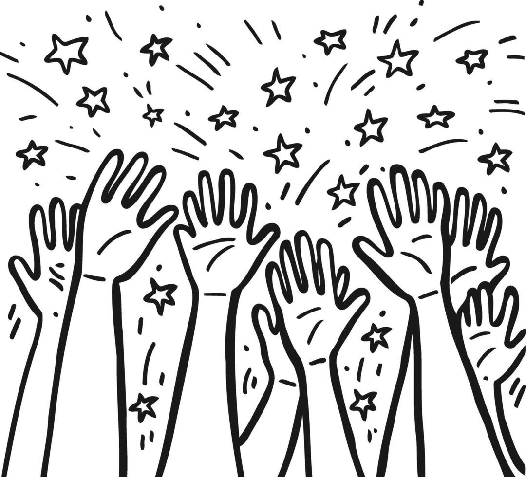 Hands up applauding for success with stars on concert, celebration or congratulation, support and greeting bravo vector