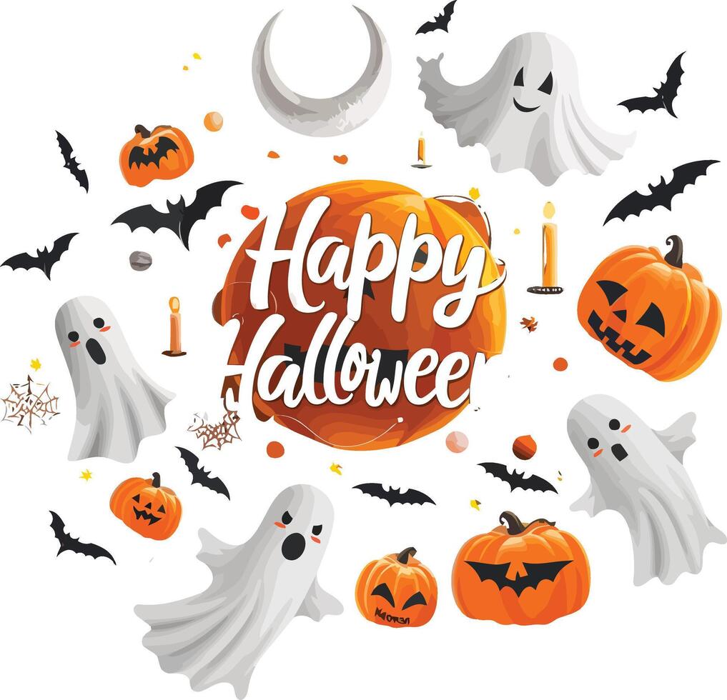 Happy Halloween Banner Design with Pumpkins, Ghosts, Moon vector