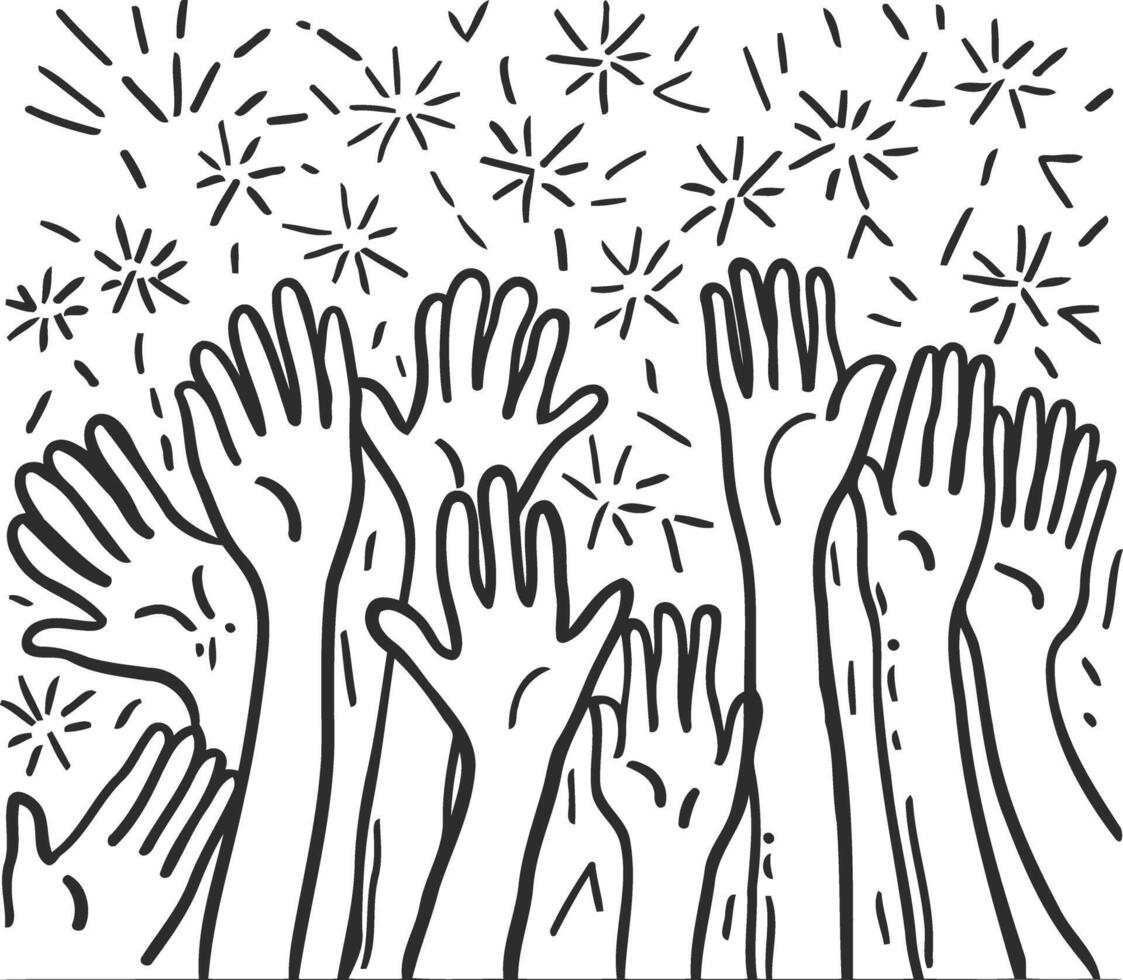 Hand drawn illustration human hands waving isolated on white background. Crowd, party vector