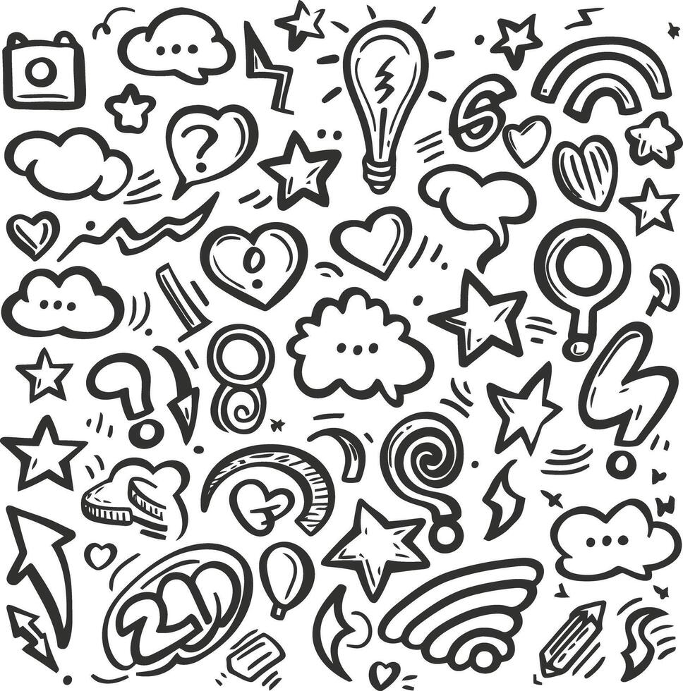 Abstract arrows, ribbons, fireworks, hearts, lightning,love , leaf, stars, cone, crowns and other elements in a hand drawn style for concept designs. Scribble illustration. vector