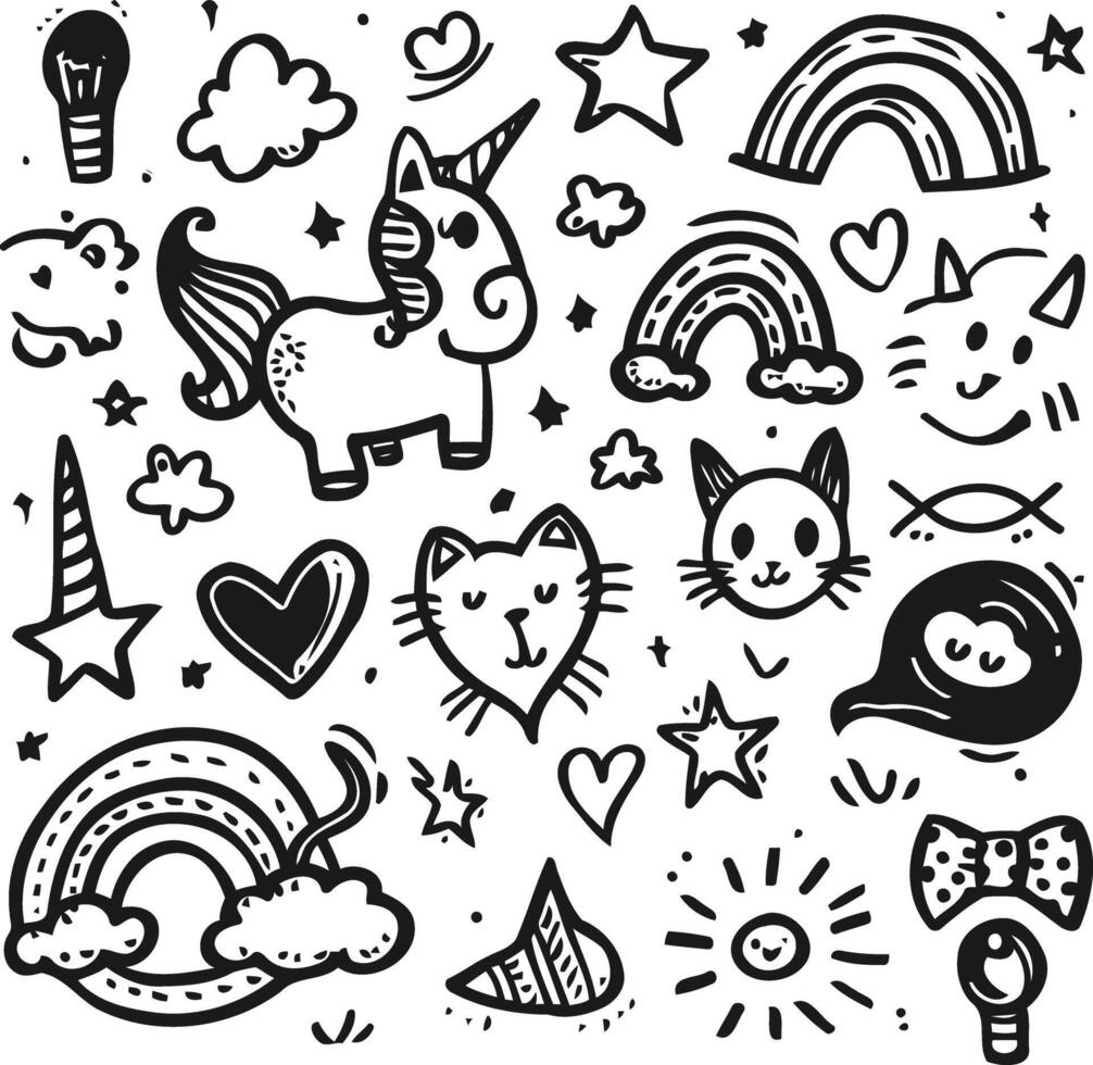 Set of black and white icons in doodle style, with cute, baby drawings. For designing icons, holiday cards, wrapping paper. vector