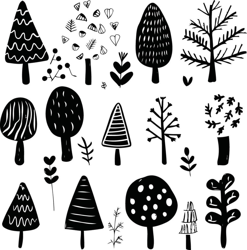 a set of black and white trees and plants vector