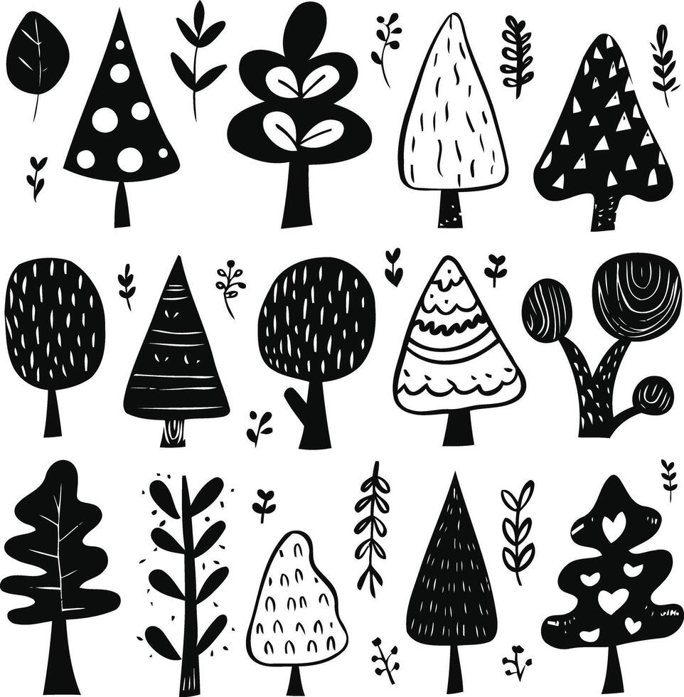 Hand-Drawn Doodle Set with Trees, Leaves, and Mushrooms in Childish Style vector