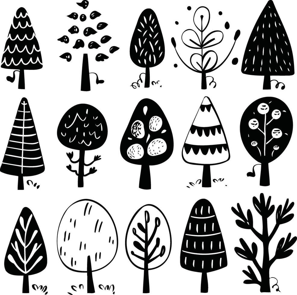 Set of Cute Trees Drawn in Ink Doodle Style on Isolated Background vector