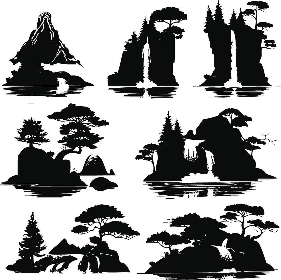 Hand-Drawn Set of Mountain and Tree Illustrations, Design Elements for Posters, Cards, Emblems, Sign Banners vector