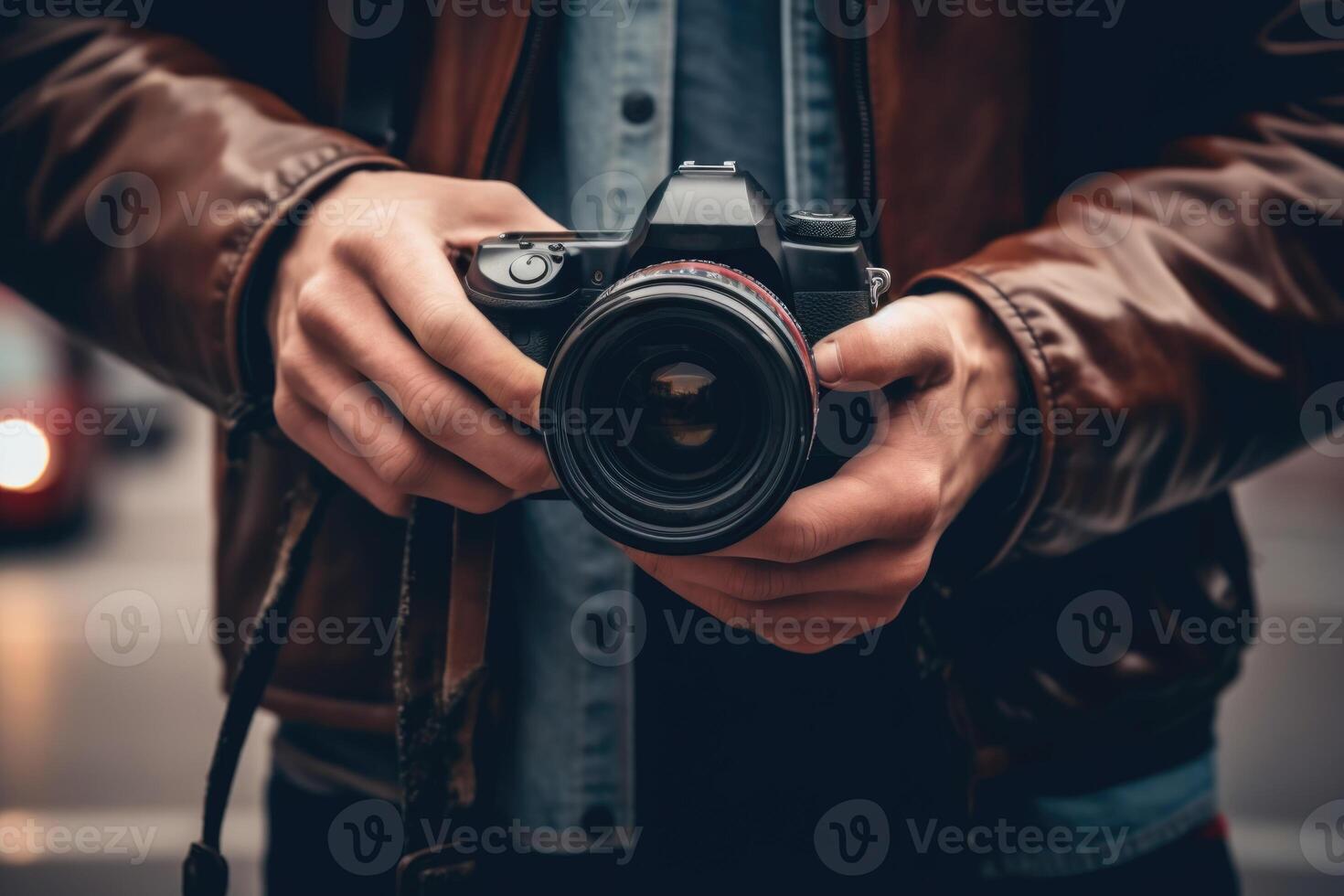 man using camera in street . photo
