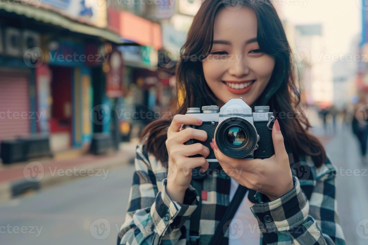 woman using camera in street . photo