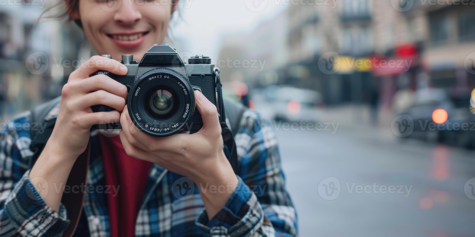 woman using camera in street . photo