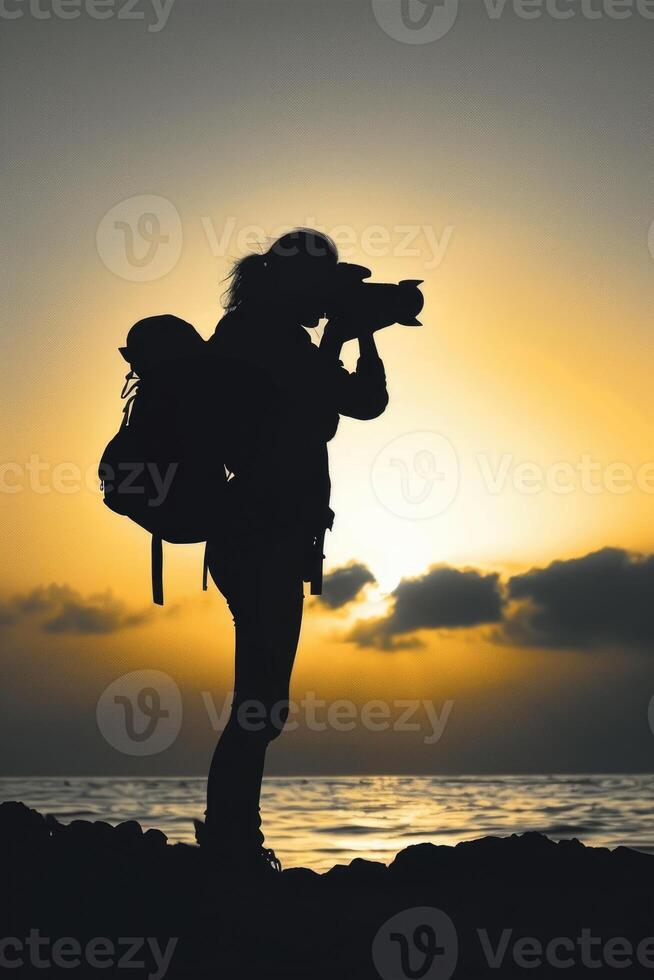 people and sun concept, woman hold camera on the cliff of the mountain on sunset background, photo