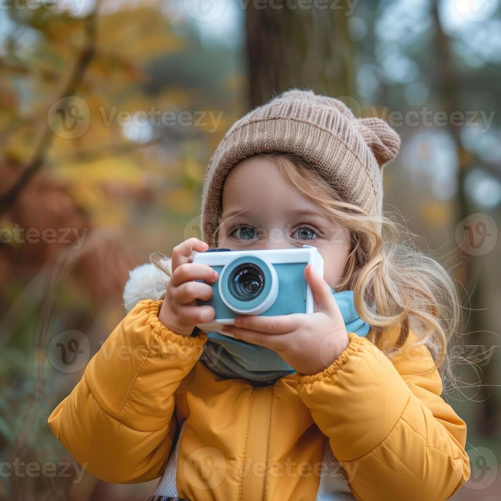 a little girl with a toy camera takes a picture. photo