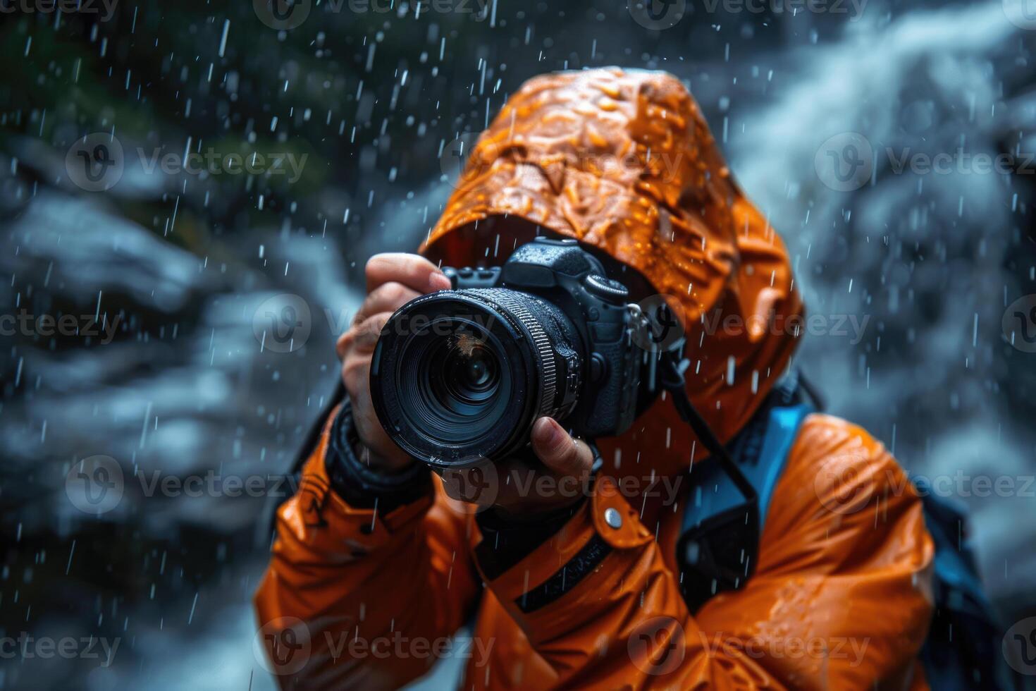 man hand holding camera looking through lens. photo