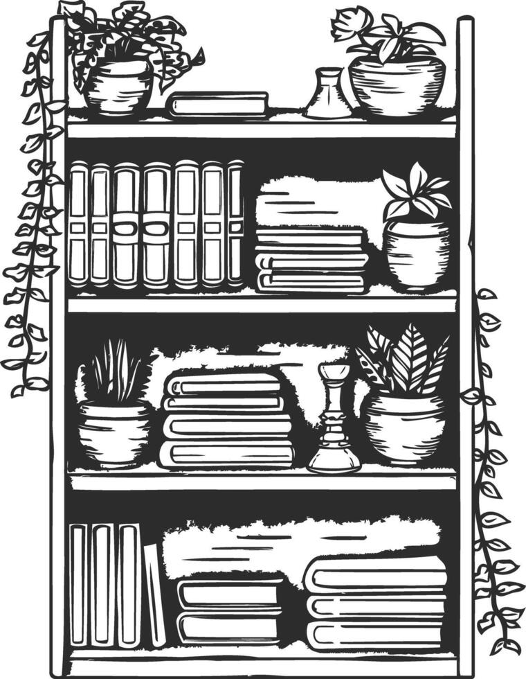 bookshelf with books and plants illustration vector