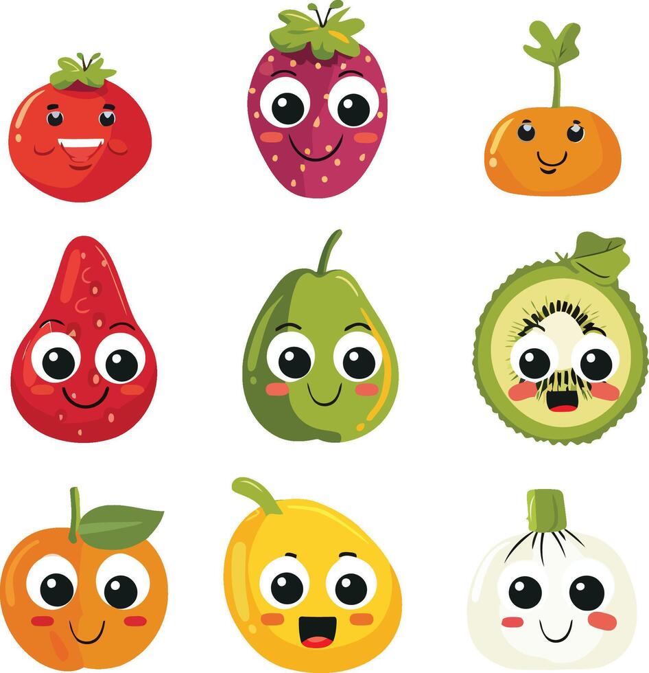 Cute, happy colorful fruits figure vector