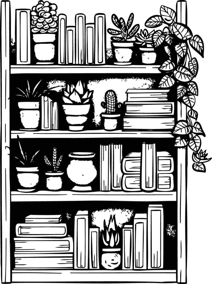 Modern bookshelf in home library with books and decorative green plants vector