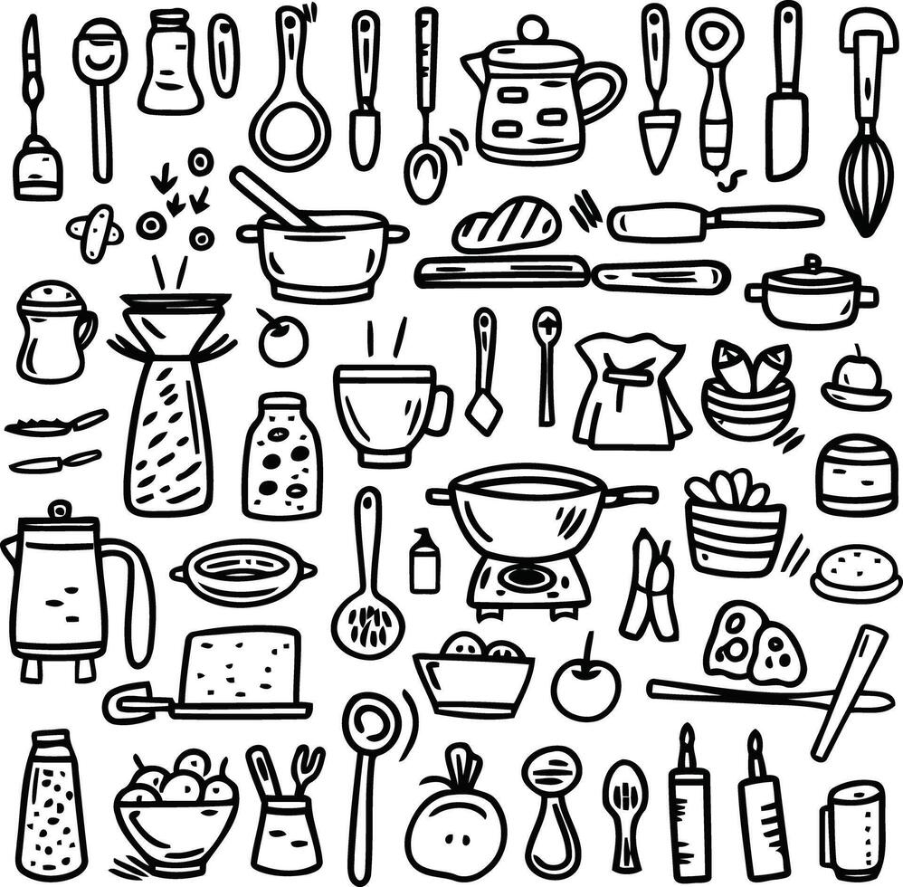 Kitchen tools. Illustrations. Isolated objects on a white background. Doodle style. vector