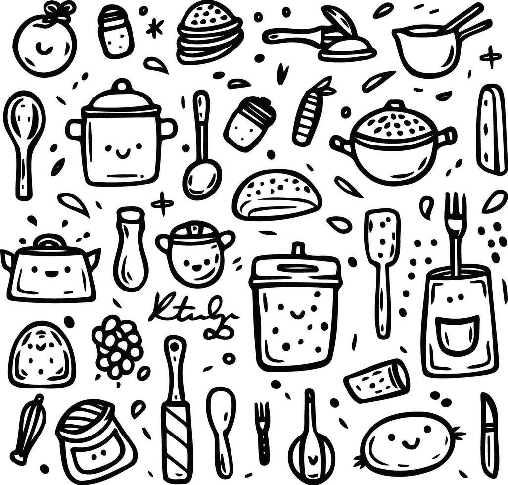 Hand drawn kitchen tools doodle vector