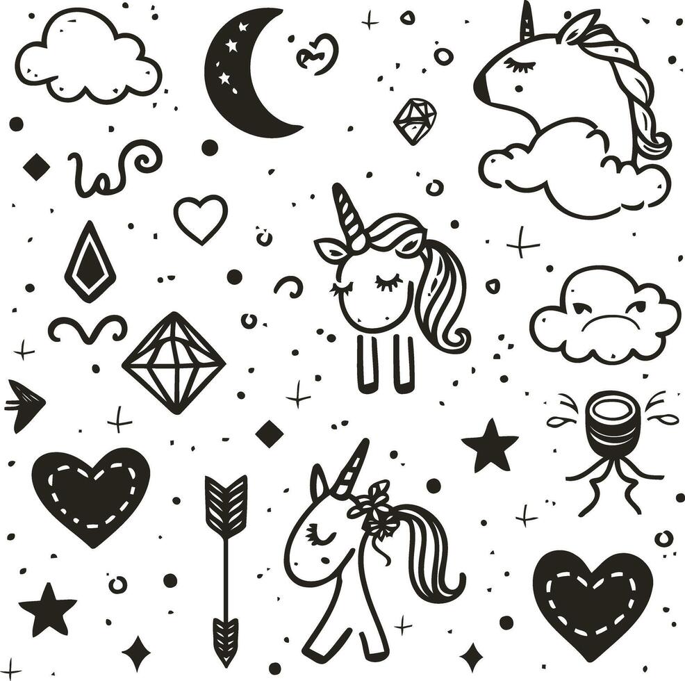 Unicorn big set, little magic horse with design elements, hand drawn doodle black and white line art, ice-cream, rainbow, air balloon, potion bottle, clouds, hearts, stars, flowers for coloring vector