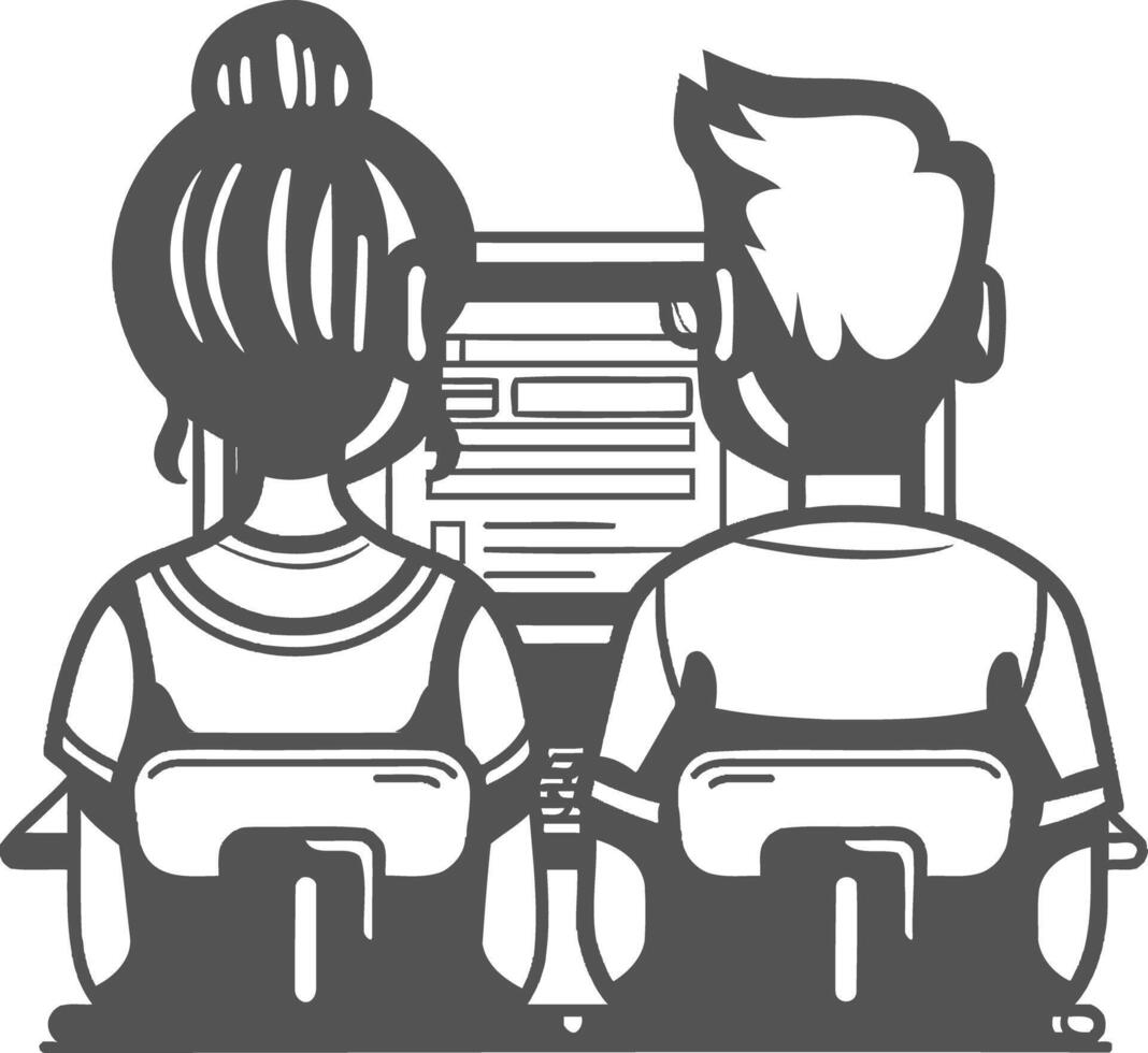 Loving couple sits at a computer and rejoice. Sitting at home and watching the good news concept. Black contour drawing isolated on white. Doodle, flat, simple style. vector